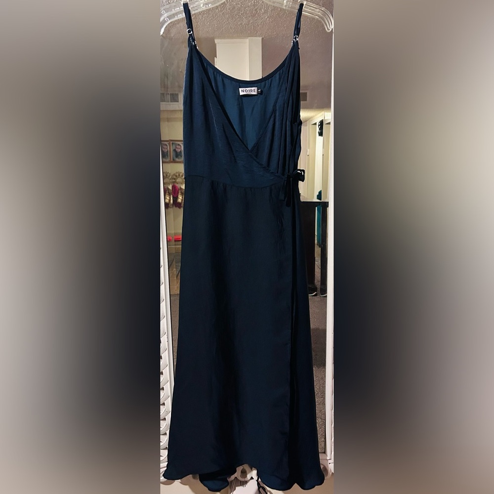 Noire Navy Satiny Wrap Midi Dress